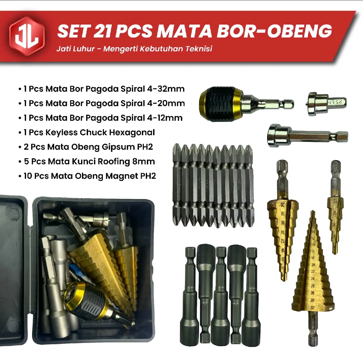 Set Mata Bor Piramid Pagoda, Mata kunci roofing, Mata obeng magnet, Mata obeng gipsum dan Keyless Chuck bor hexagonal obeng 1 set obeng  magnet