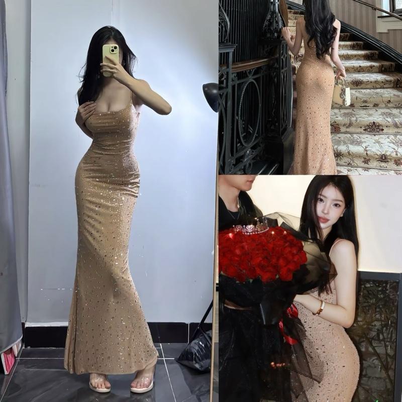 Hàng QCCC L1 Order 7- 10 Ngày Đầm Dự Tiệc Đính Đá Bling Bling Ôm Body Pha Lưới Co Giãn Dáng Dài Hai Dây Khoá Sườn Dành Cho Nữ Women Dress By DiepGZ17725