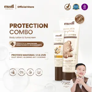 Moell Protection Combo - Physical Sunscreen 30gr & Body Lotion 185gr - Perlindungan Maksimal UVA-UVB SPF 50+ PA++++ Broad Spectrum - Perkuat Skin Barrier - Skincare Anak Formulasi Dokter Dengan Microbiome Teknologi - Skincare Bayi - Skincare Anak