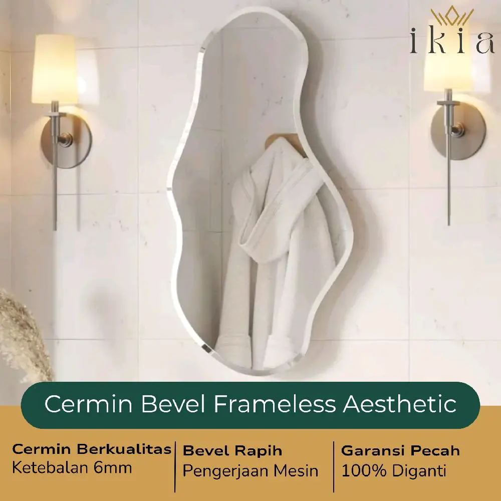 Cermin Elegan Frameless Irregular Shape Bevel Tebal 6mm Aesthetic Premium + Packing Kayu