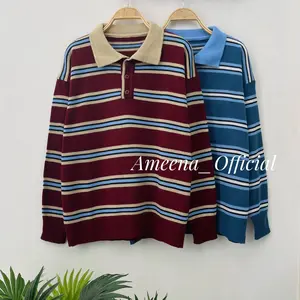 Elodia Blouse Knit Kerah Polo Kancing - Atasan Sweater Rajut Wanita Motif Stripe Lengan panjang Korean Style Premium