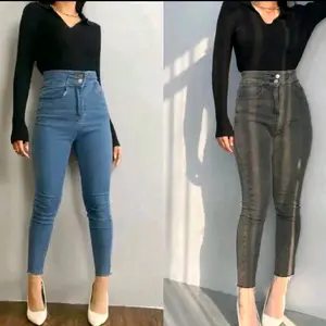 Celana Jeans High Waist Model Pinggang Silang Wanita Stretch Premium Ritsleting Remaja Kulot Kancing 2 Depan Snow Hitam - Panjang, Melar