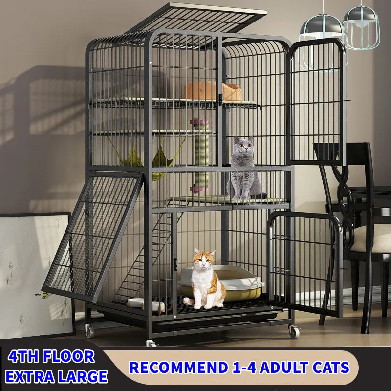 Large 4-Tier Black Metal Cat Cage with Wheels | Ideal for 1-4 Cats | 54" Playpen Box Crate Kennel