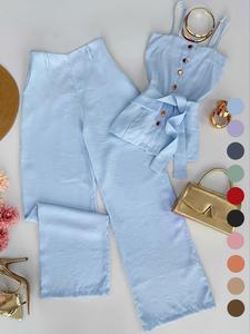 Conjunto de dos piezas para mujer con pantalones largos de color sólido y tirantes, ropa casual versátil, cómoda y elegante, perfecta para uso diario