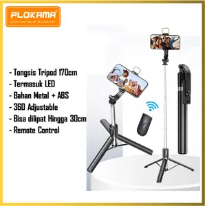 PLOKAMA R1S L Tongsis Tripod Bluetooth 1.7 Meter 170cm Selfie Stick 4 in 1 Portable 360° Lampu Remot Remote Panjang LED