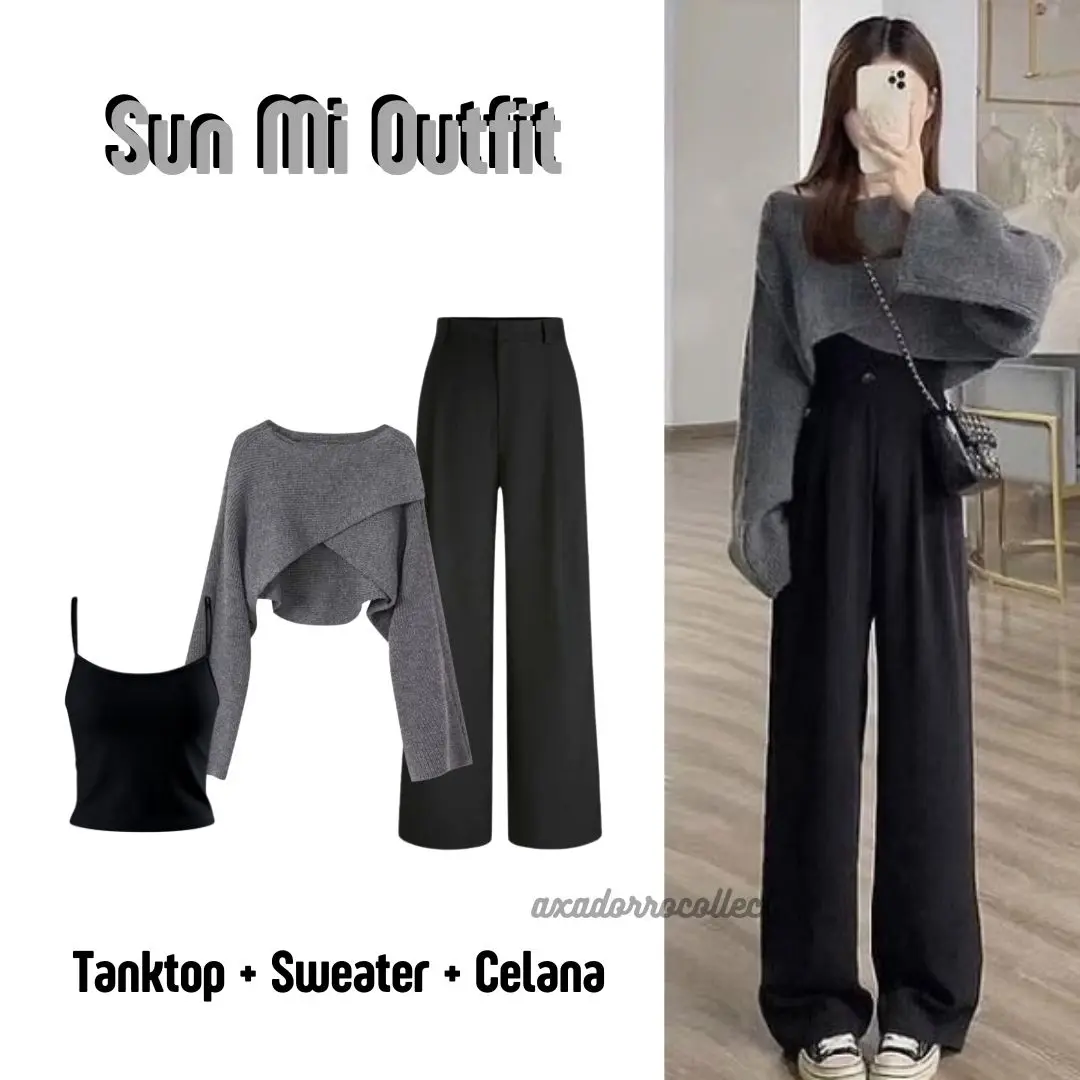 Sunmi Outfit 3in1 Set ala Korea (Sweater Silang, Celana , Tanktop kecil) OOTD Kondangan