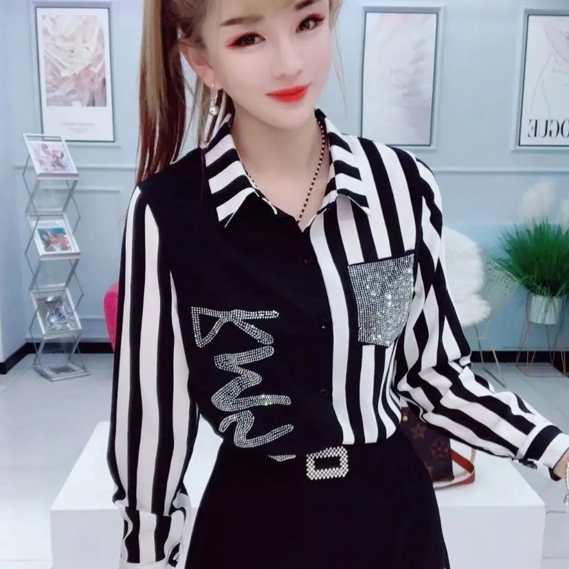 Người Nổi Tiếng Trên Internet-Áo Sơ Mi Dài Tay Phổ Biến Cho Nữ, Áo Đính Kim Cương Mỏng Vừa Vặn Mới Để Che Da Thịt, Áo Nhỏ Hợp Thời Trang, Mùa Xuân Và Mùa Thu