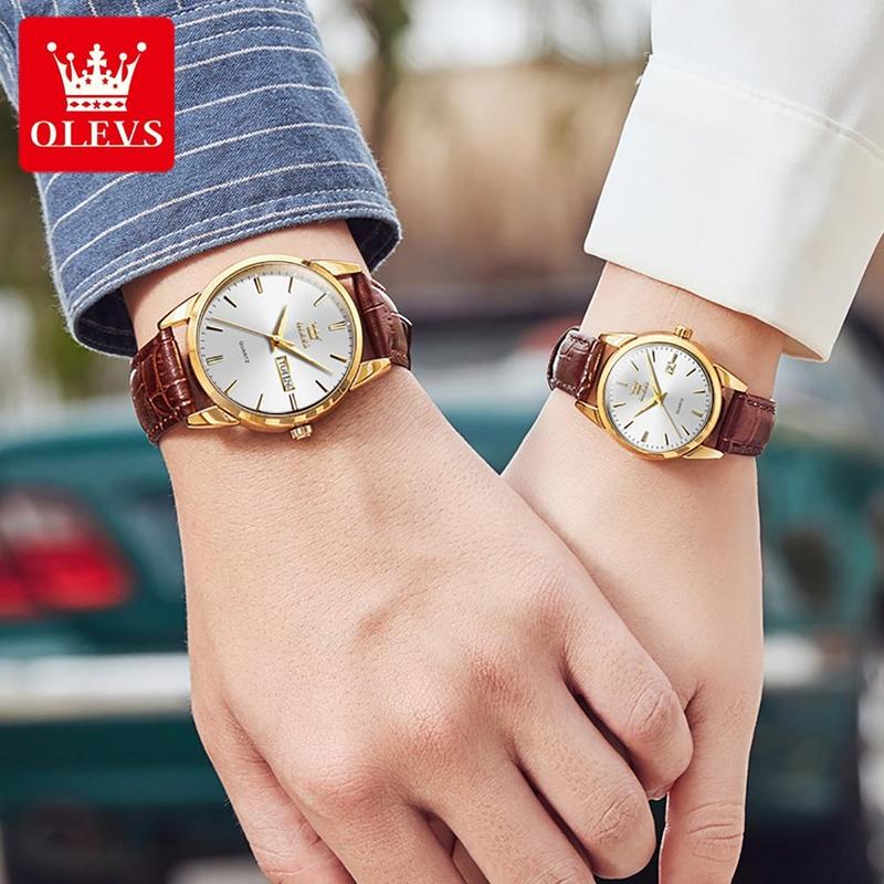 【1-year warranty OLEVS Đồng hồ đôi nam nữ chống thấm nước mặt số dây da thời trang dạ Quà tặng ngày lễ C6898 Watch Phụ Kiện