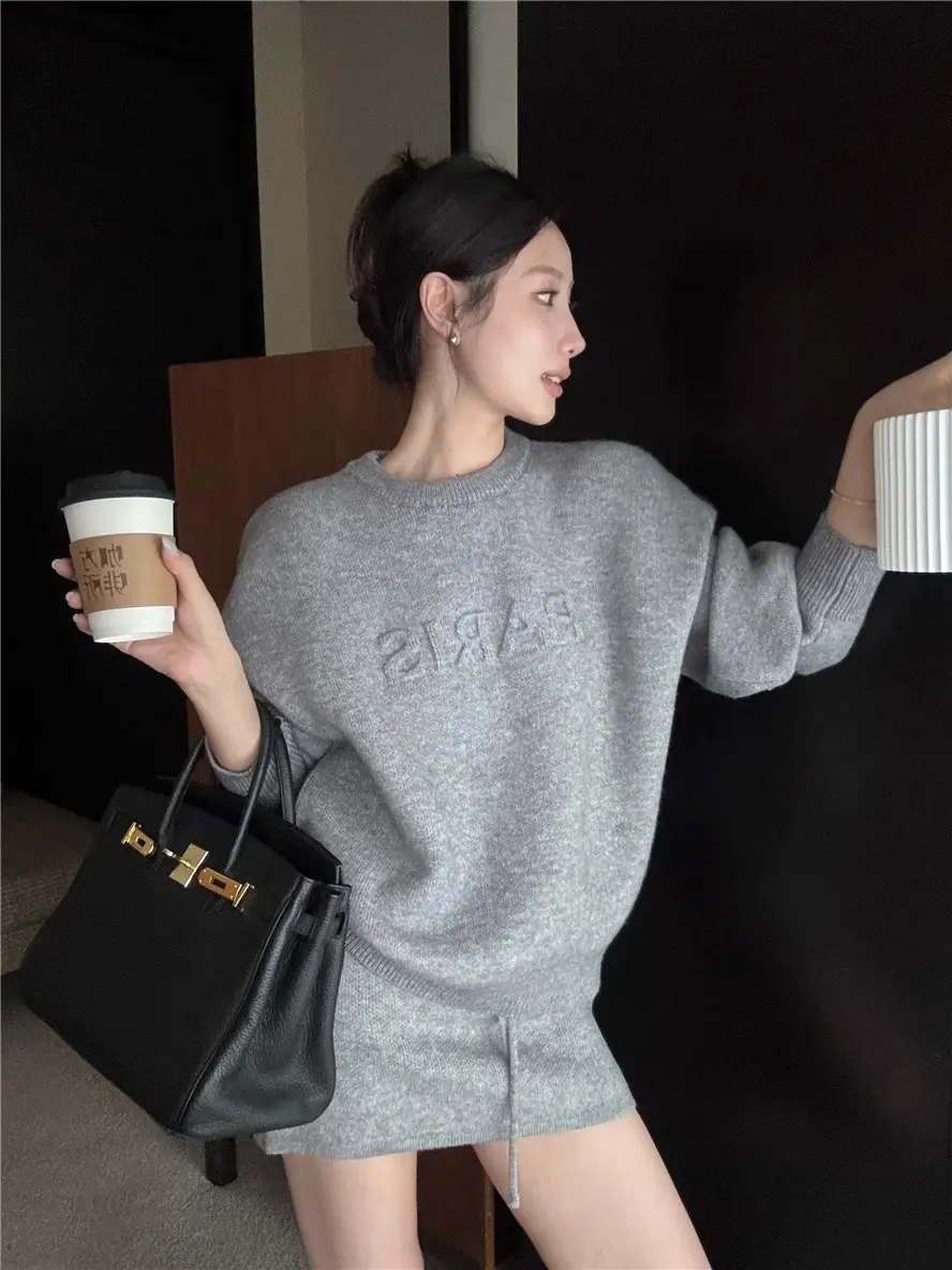 VNOOK-Bộ Đồ Thường Ngày Áo Len Áo Chui Đầu Dài Tay, Dành Cho Nữ, Bộ Đồ Hai Mảnh Mùa Thu Và Mùa Đông, Váy Ngắn Dệt Kim, Màu Xám