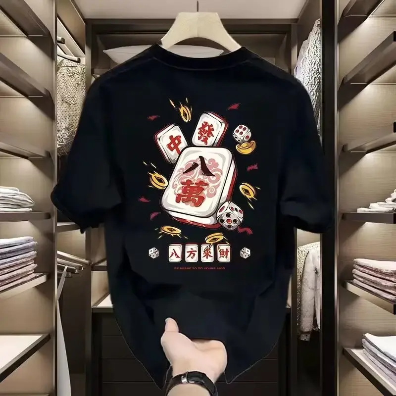 Áo Thun Cotton Nặng ngắn Tay Dành Cho Nam, Hàng Mới Về Năm 2025, Dễ Phối Đồ, In Hình Mạt Chược Lễ Hội, Tay Lửng Áo, Áo Hợp Xu hướng Menswear