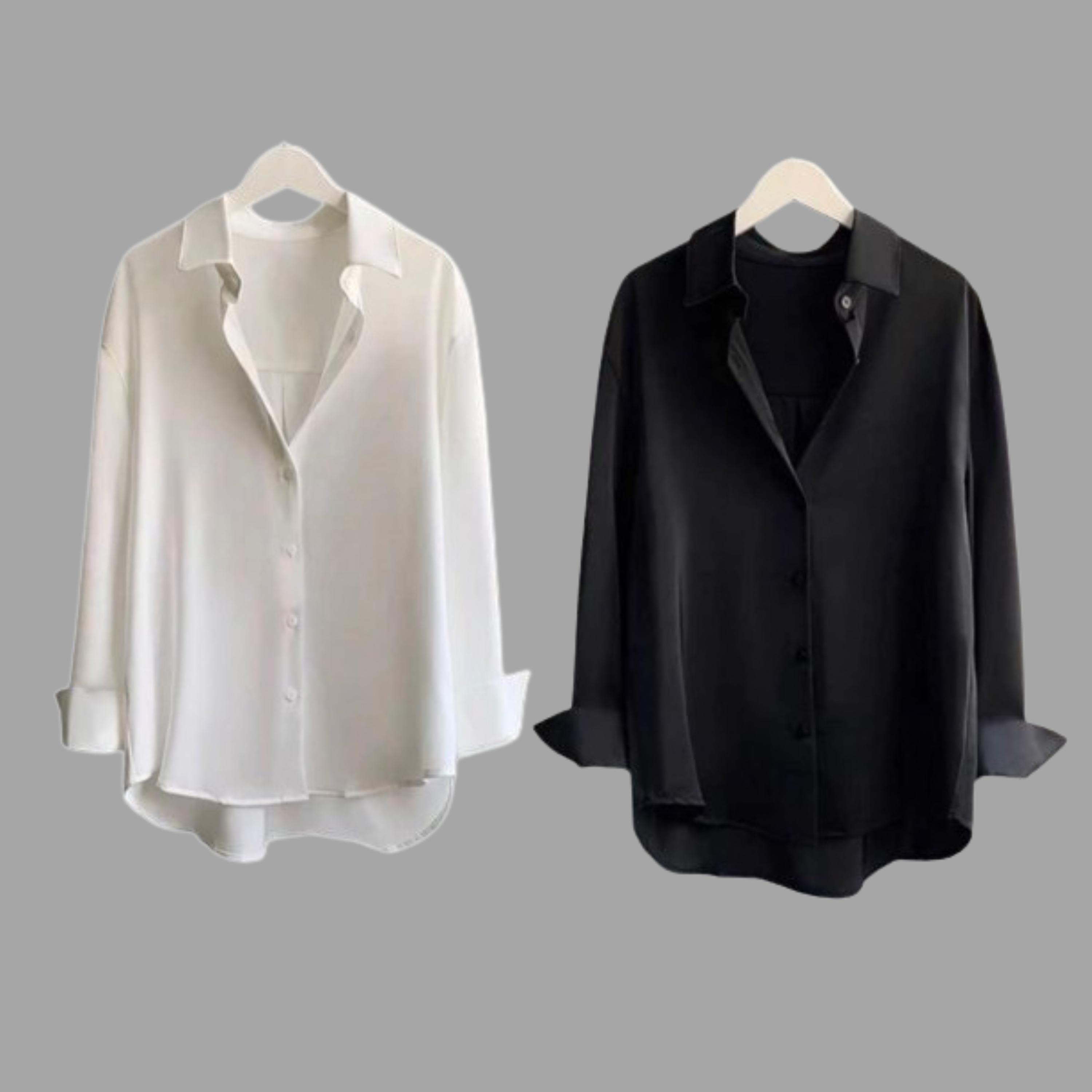 Paket 2 Pcs Kemeja Wanita Polos Lengan Panjang Casual Slim-Fit Atasan Blouse Wanita Baju  Kerja Kantor Cewek Dewasa  Oversize