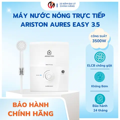 Máy nước nóng trực tiếp Ariston AURES EASY 3.5 chính hãng- Công suất 3.5kW, Không Bơm trợ lực, Chống giật an toàn- Bảo hành 24 tháng