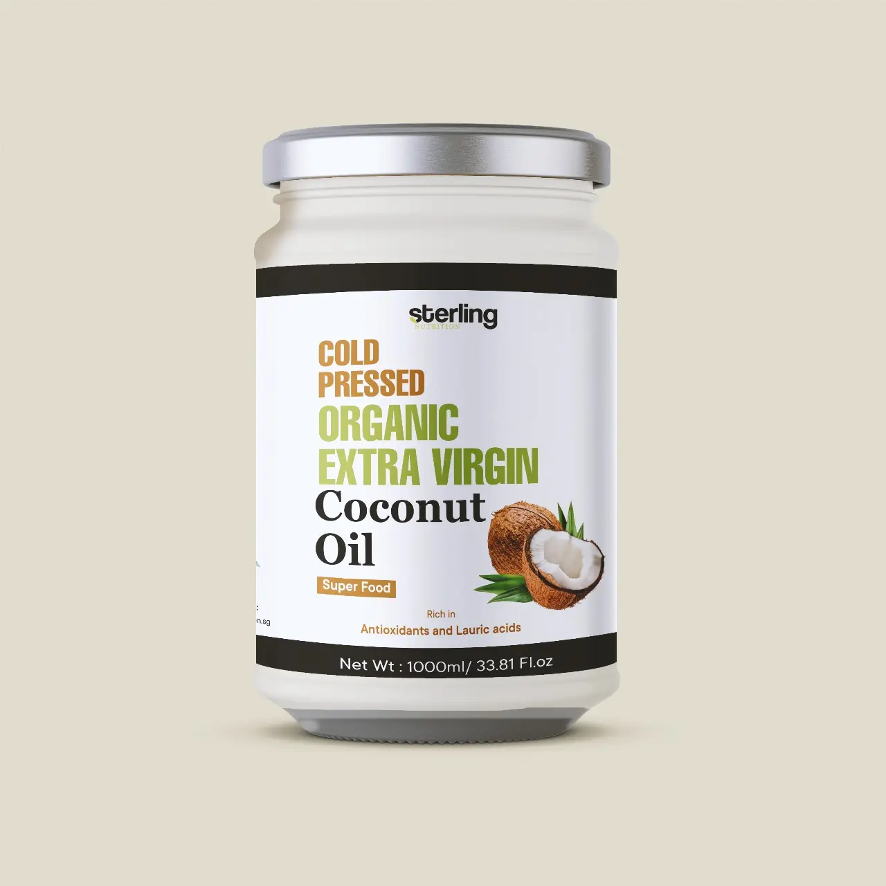 Sterling Nutrition Organic Extra Virgin Coconut Oil 1000ml - All Natural - Vegan Certified - Halal - Cold Pressed