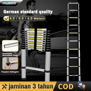 【BEST SELLER】Musiko Tangga Lipat Aluminium Murni 2.6M/4.4M /5.0M/5.4M/6.2M - Anti Slip, Portable, Bisa Dipanjangkan, Kuat & Ringan Kaki Karet