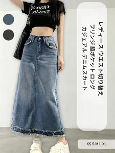 レディース ロングAラインデニムスカート、自然なウエストのストリート風、無地の薄型、ポケット付きカジュアルミディ丈ジーンズスカート