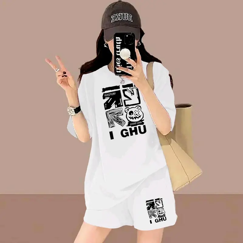 Setelan Celana Pendek dan Lengan Pendek Wanita bahan baby terry- Model Terbaru -setelan santai Atasan Motif printing Baju Kaos Hitam Cewek Nyaman Lembut Kerah bulat Panjang Topi 0