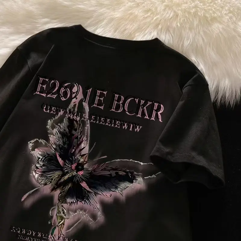 kaos oversize wanita Kaos bermotif kupu-kupu kaos baju kaos oversize baju korean style wanita ootd kaos oversize Atasan Oblong Kaos Lengan Panjang Hitam Dewasa Cewek Katun Santai Polos Distro T-Shirt 1