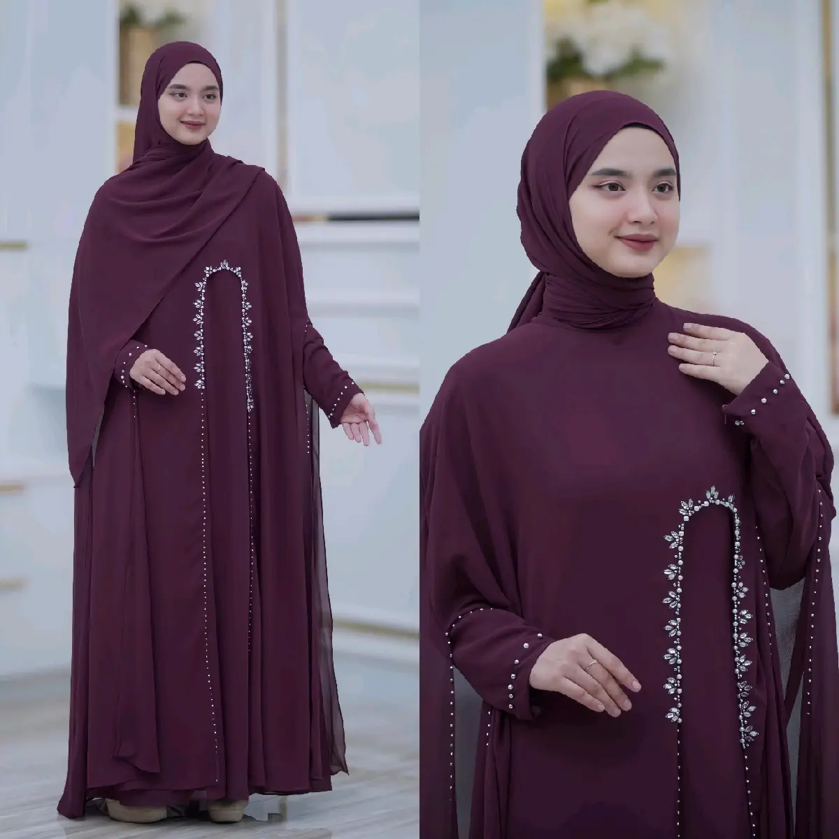 Gamis Wanita Dewasa Set Hijab Pashmina Bahan Ceruty Full Puring Gamis Lebaran Kondangan Pengajian Mewah Cantik Nyaman Pesta Remaja Payet