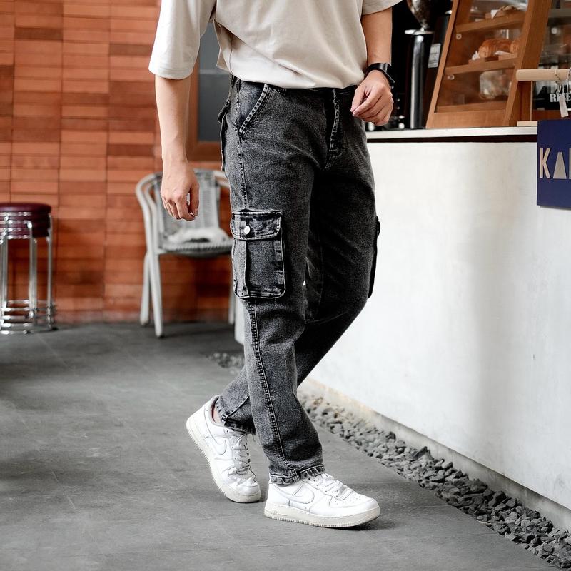 Celana cargo jeans pria street slim fit 6