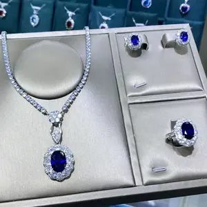 IS69B Liontin Batu Permata Safir Tanzanite Alami dengan Cincin Terbuka Zirkon & Anting-Anting Elegan untuk Wanita Aksesori Unik dan Istimewa Kalung