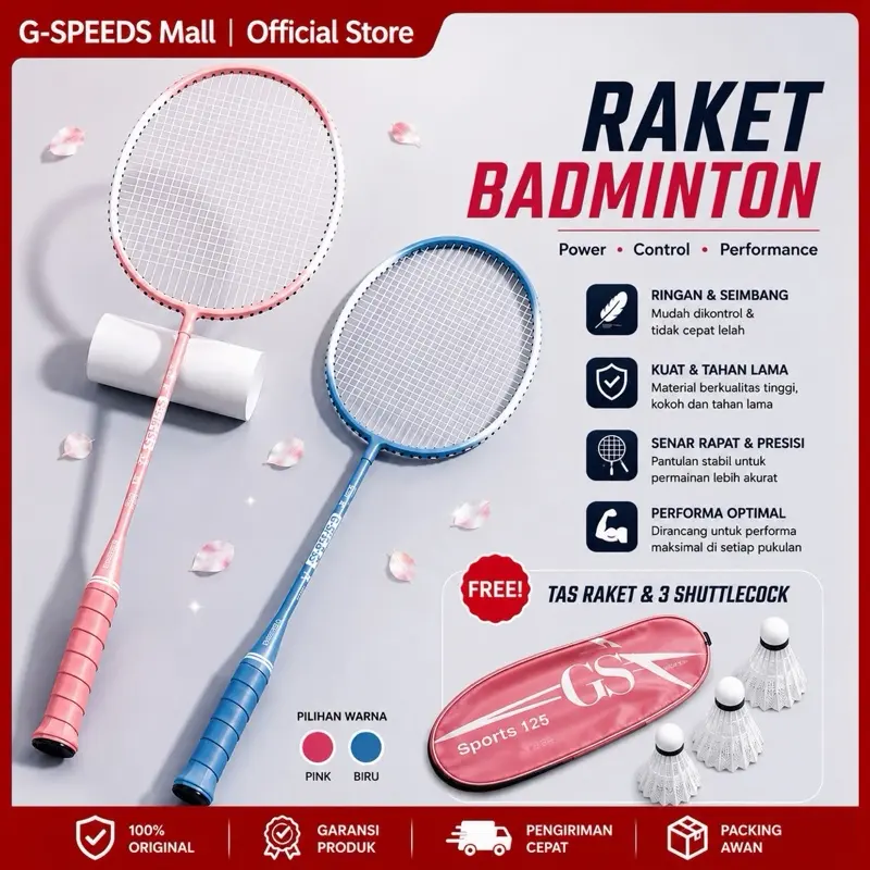 GS  ￼RAKET BADMINTON/ RAKET BULU TANGKIS ISI 2 FREE BAG/KOK BULUTANGKIS/SHUTTLECOCK/KOK BADMINTON PREMIUM