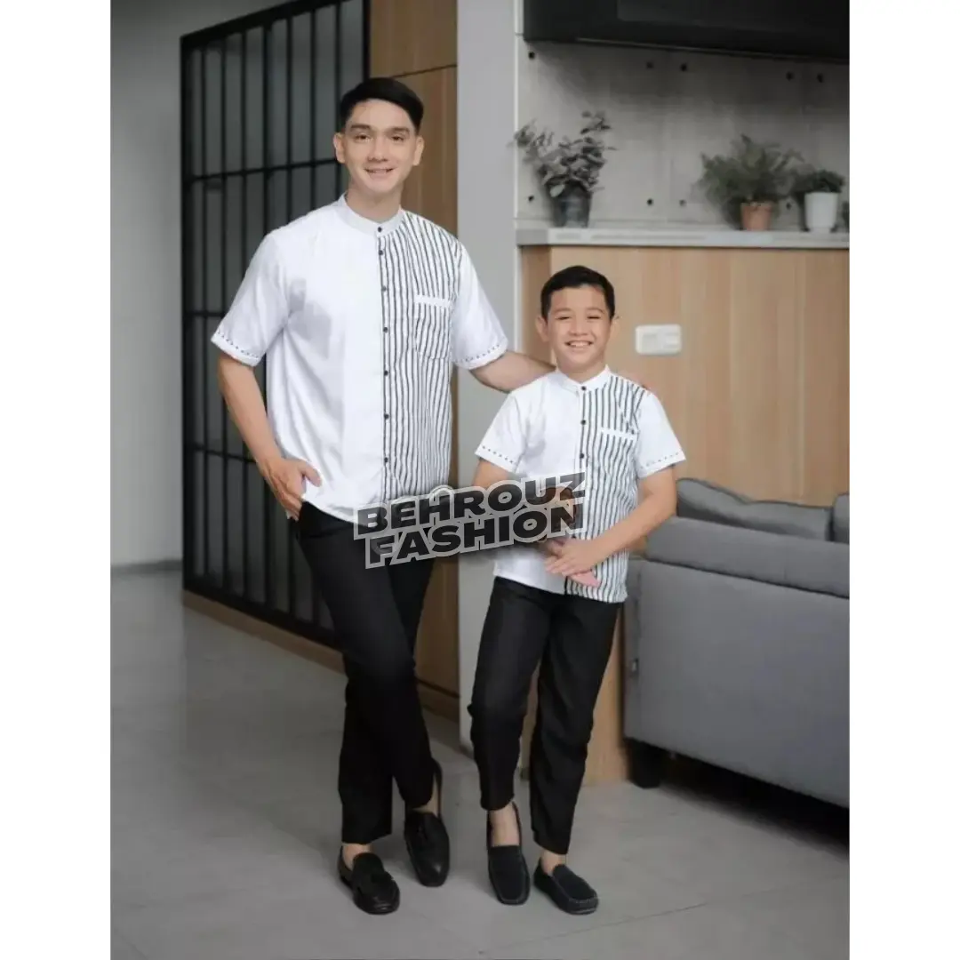 BEHROUZ - Koko Ayah Dan Anak Motif Salur Bahan Katun Lengan Pendek Promo Lebaran 2025