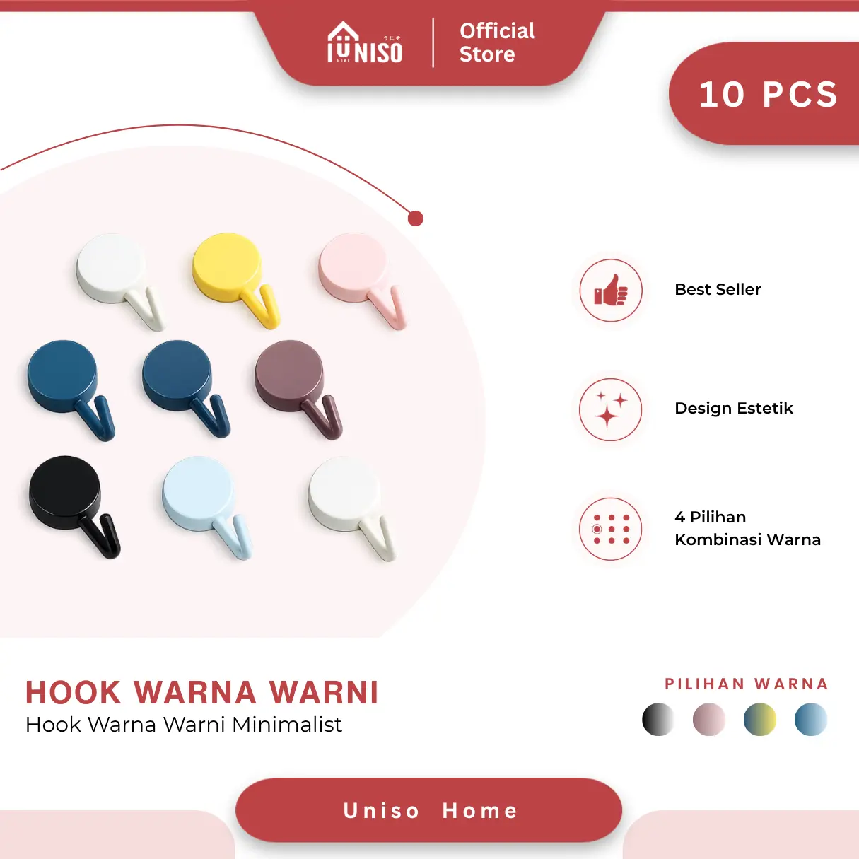 UNISO - [10 PCS] GANTUNGAN TEMPEL HOOK HOOK WARNA WARNI ESTETIK SERBAGUNA