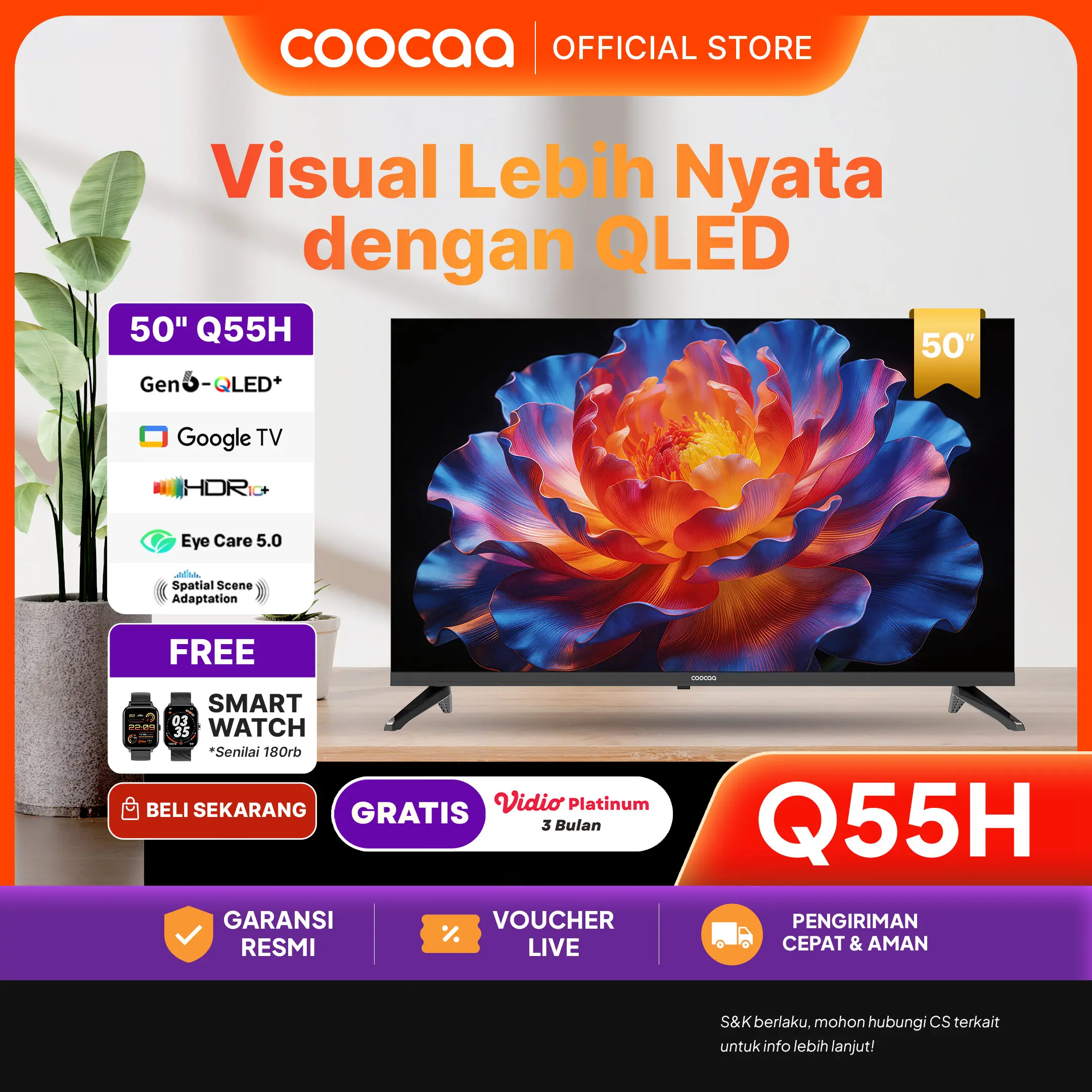 [NEW] COOCAA 50 Inch 4K UHD QLED Google TV HDR10+ Dolby Audio DBX-TV YouTube Prime Video Disney+ Game Mode Bluetooth 5.1 (50Q55H)