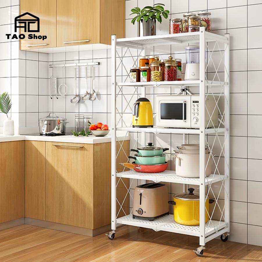 TAO Shop ชั้นวางของเหล็กเคลื่อนที่ได้ พับเก็บได้ 3/4/5 ชั้น ขนาด 71 x 34 x 90/122/162 ซม. รับน้ำหนัก