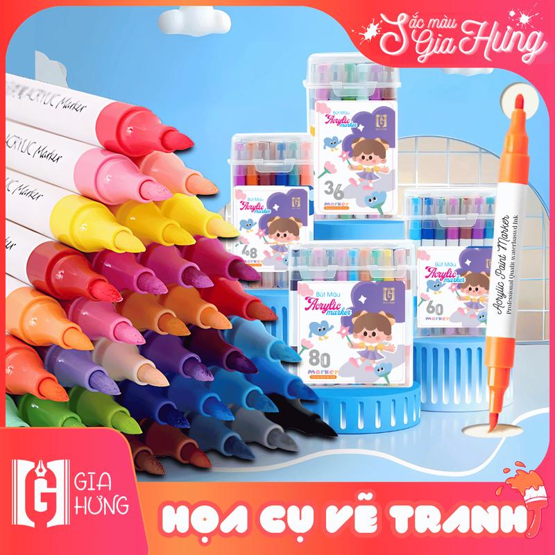  Bút Màu Acrylic Marker  Gia Hưng  2 Đầu 12 24 36 48 60 80 -  Cỡ Lớn Nhanh Khô Chống Thấm Nước DIY - Màu Vẽ Tươi Sáng Cho Bé 