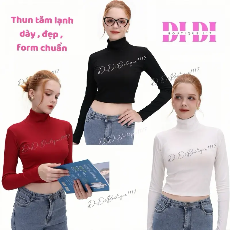 Combo 3 Áo Thun Croptop Cổ Lọ Nữ Tay Dài Ủ Kem , Dáng Ngắn Trên Rốn.chất Thun Tăm Lạnh Mịn Mát, Áo Thun Ôm Body .Didiboutique 1117