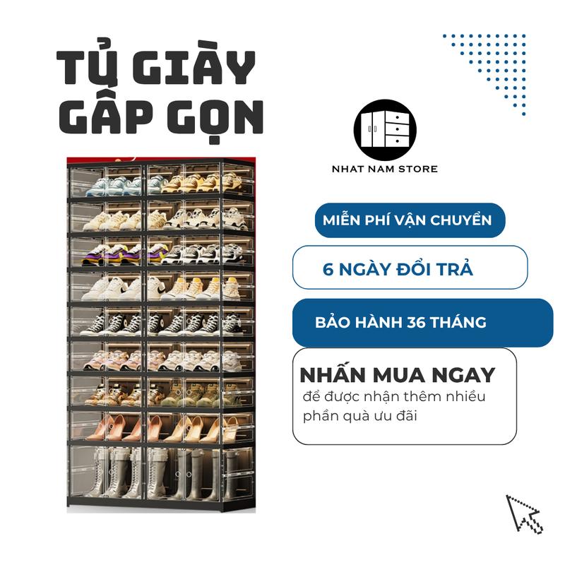Tủ giày 36 đôi đen trong suốt Gấp Gọn có bánh xe [Black 9104T-8-1G]