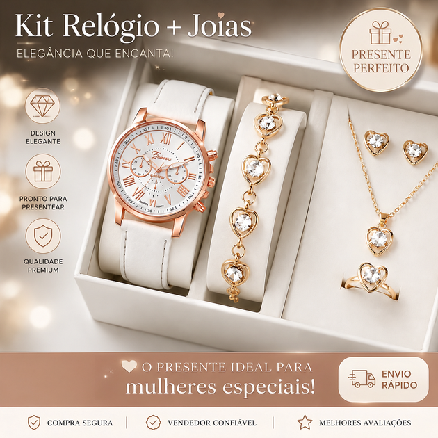 Relógio de Quartzo Feminino Elegante e Conjunto de Joias com Motivo (NÃO ACOMPANHA CAIXA)