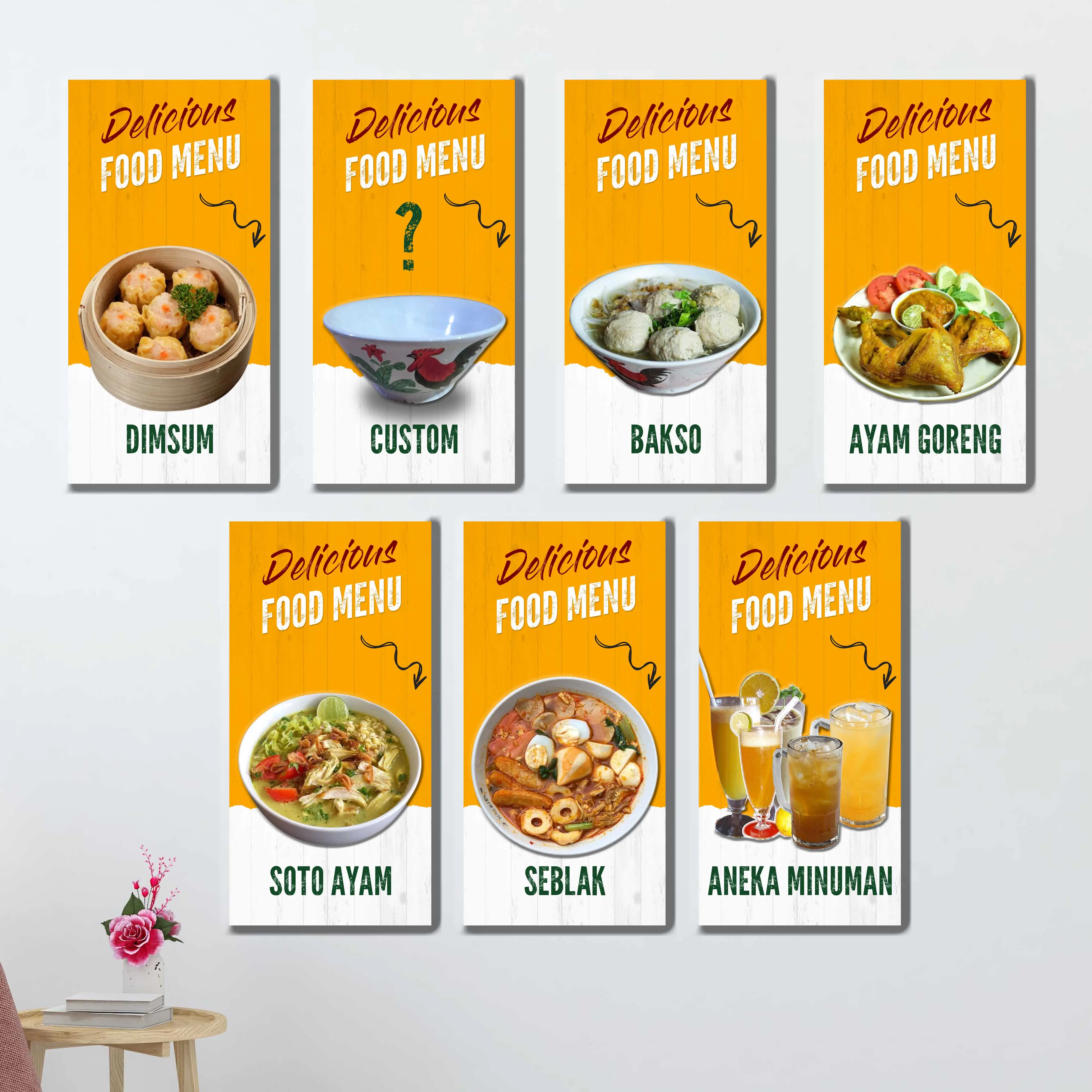 HIASAN DINDING WALDECOR MENU MAKAN WARUNG PUTIH KUNING UKURAN 15 X 30 CM BIASA CUSTOM