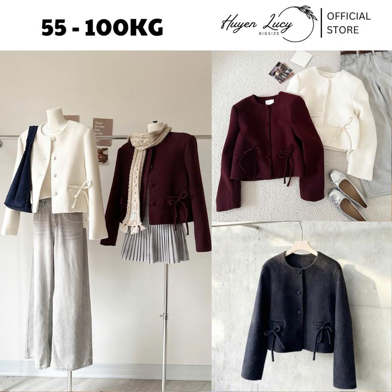  ÁO KHOÁC DẠ ÉP TÚI NƠ nữ bigsize dạ ép 2 lớp cao cấp đi chơi noel chụp ảnh sang chảnh cá tính có size tới 100kg Huyền Lucy Bigsize 