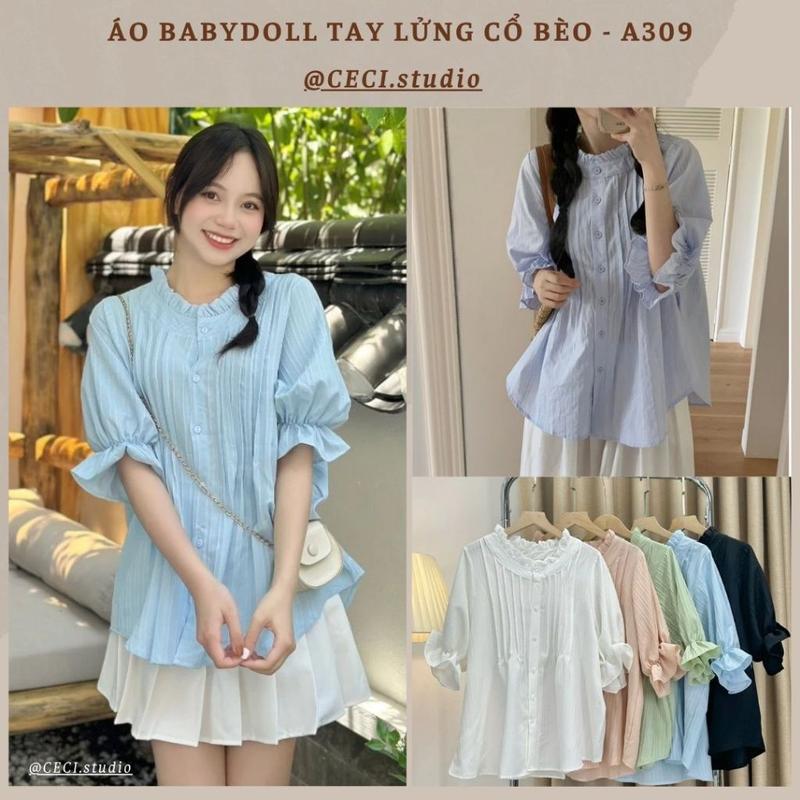 Áo sơ mi nữ kiểu cổ trụ xếp ly CECI.studio tay bèo lửng đi học, đi làm dễ thương - A309
