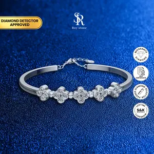 Roystone_Moissanite Gelang Wanita Original Sertifikat GRA Silver_Four Leaf Bangle
