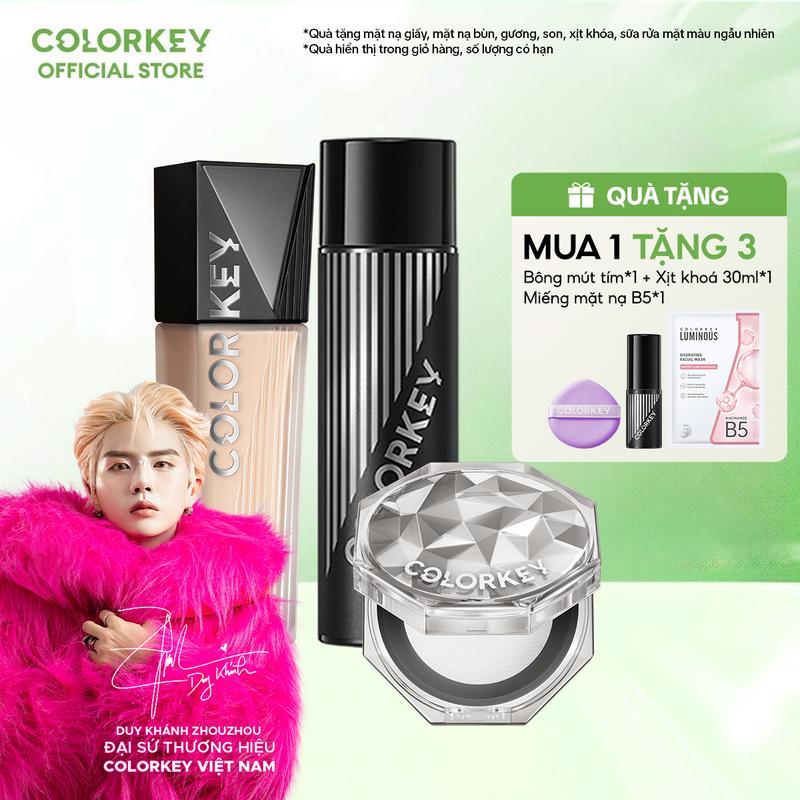  COMBO 3 MÓN - 1 Kem Nền COLORKEY PHIÊN BẢN NÂNG CẤP + 1 Phấn Phủ + 1 Xịt Khóa Nền Cho Lớp Trang Điểm Lì Mỏng Nhẹ Không Dễ Xỉn Màu 