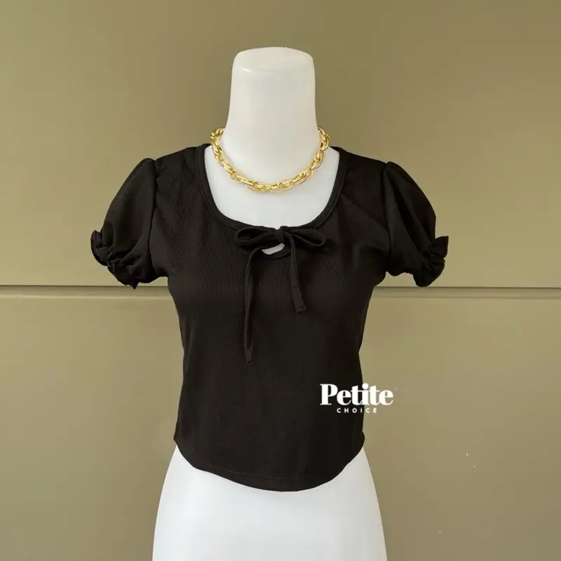 Petitechoice | KATHIE Top - Atasan Wanita Stretch Rajut Casual Puffy Shoulder Sailor Neck Leher V Knit coquette bow 2