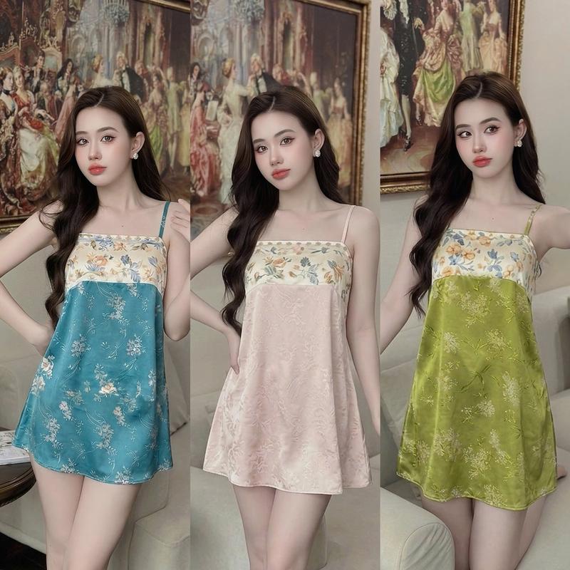 Đầm Ngủ Lụa Gấm Váy Ngủ Đầm Mặc nhà Đồ Mặc Nhà Gấm Set Bộ Gấm Mặc Nhà Cao cấp MD92