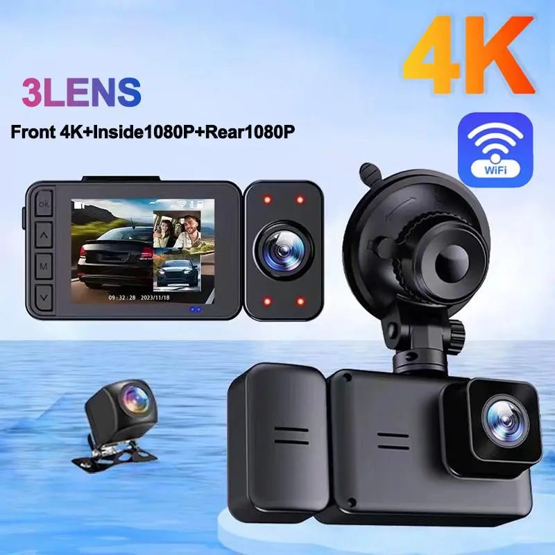 4K Car DVR Dash Cam for Cars WIFI 3Channel Front and Rear CameraVideo Recorder Night Vision Parking Monitor Car Accessories