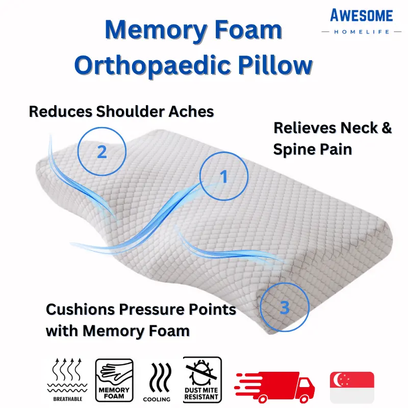 AWESOME Memory Foam Neck Support Contour Pillow | Relieves Neck Pain | Side Sleeper Support | Anti Dust Mites | Cushions Pressure Points | Double Casing for Protection | Anti-Dust Mites |