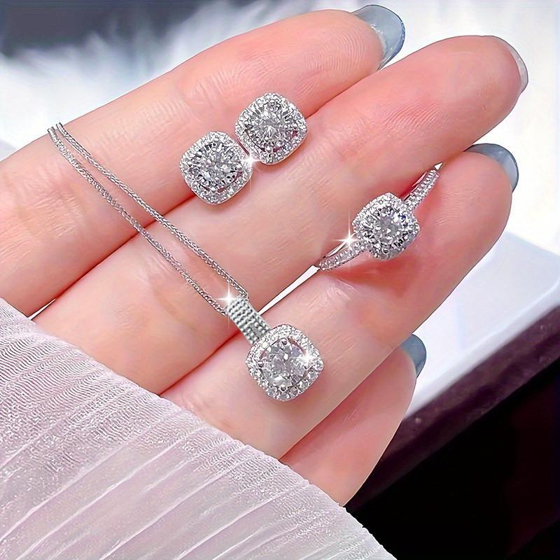 Set Dây Chuyền Nhẫn Bông Tai Đá Zircon Vuông Phụ Kiện Nữ Thanh Lịch Đẹp