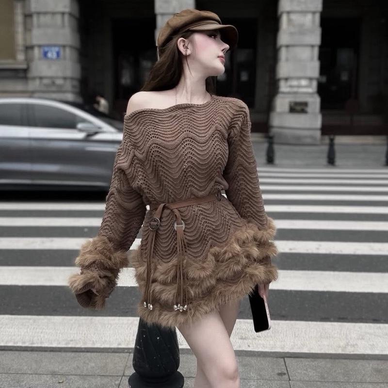 Áo len phối lông sang chảnh kèm đai Hàng CÓ SẴN QCL1,Áo len mềm mịn dáng dài phối lông sang chảnh #Lynk nhi