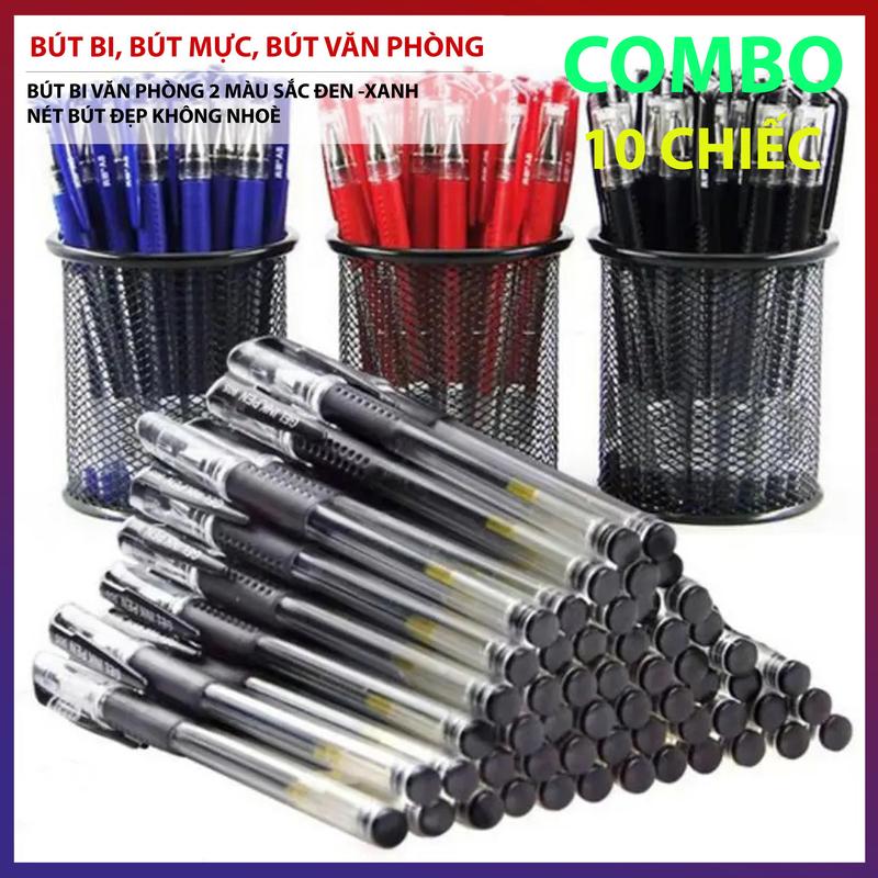 Combo 10 Bút Bi Nước Nhiều Màu Ngòi 0.5mm – Cây Viết Mực Đen, Xanh, Đỏ, Tím – Mực Đều, Viết Êm, Nét Đẹp