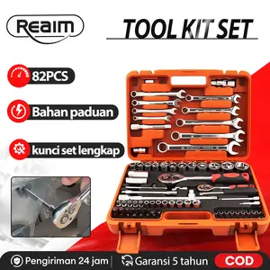 REAIM Tool Box Set Lengkap Kunci Set Lengkap 82 PCS Toolkit Set Perkakas Rumah Tangga Lengkap Praktis Mudah Disimpan untuk Kebutuhan Rumah