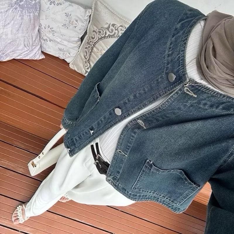 Keki Jacket Jeans Semi Crop Wanita Jaket Panjang Oversize Kancing 2