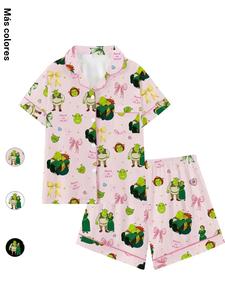 Conjunto de pijama para adolescentes con película de Shrek, lindo cuello con lazo y manga corta; ropa de dormir cómoda para todas las estaciones; regalo de Fiona la princesa; corte holgado