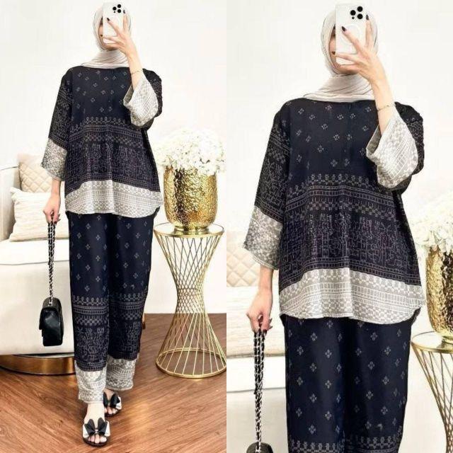 Setelan Wanita Oneset Wanita Setelan Rayon Celana Kulot Atasan Rempel Bahan Rayon Motif Adem Dan Nyaman  Baju Dewasa Remaja Panjang Santai Muslim Bawahan Lembut hitam Busui Rayon Premium Exclusive Kekinian Lebaran Atasan Wanita Celana Kulot