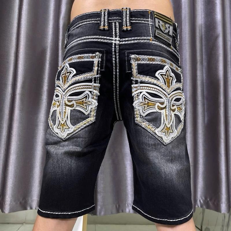 Quần short jean nam màu đen túi dập da thêu chữ thập không khuy túi chất jean denim có độ co giãn nhẹ
